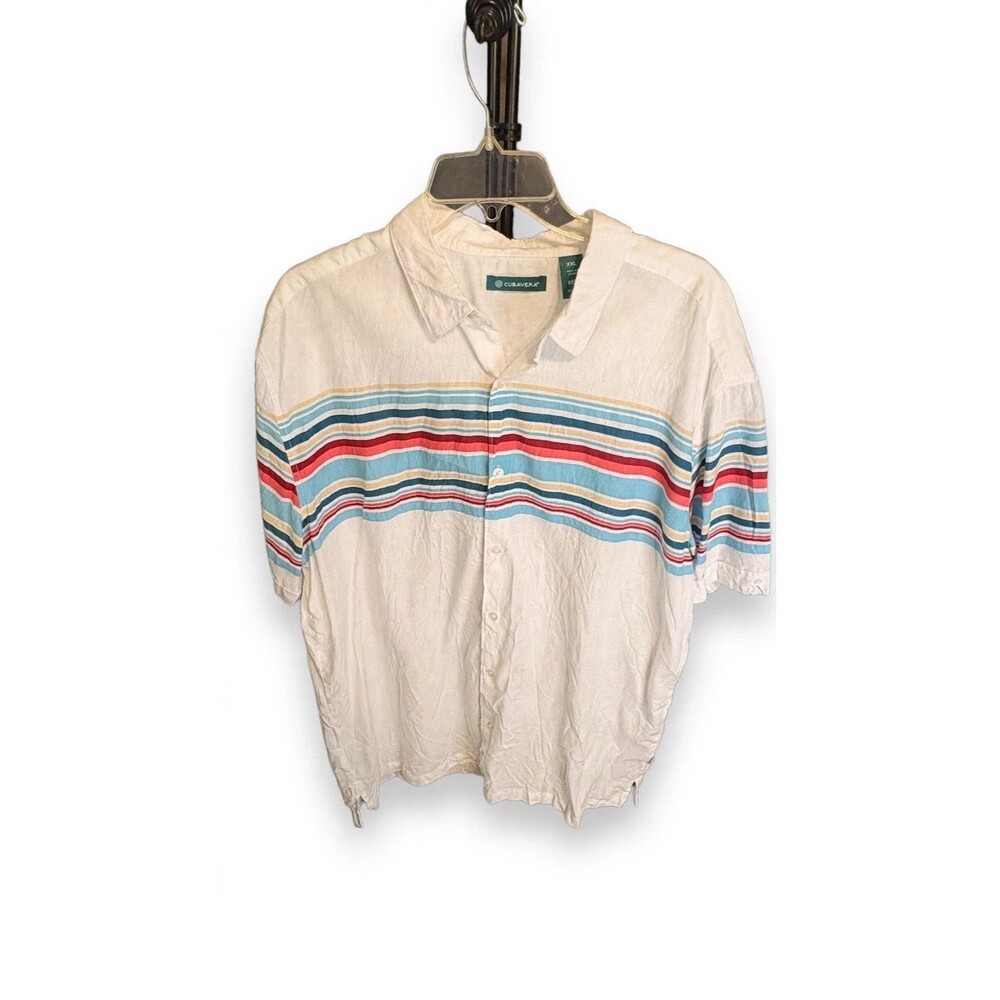 Cubavera Button Up Shirt Mens XXL White Striped Short Sleeve Linen Blend